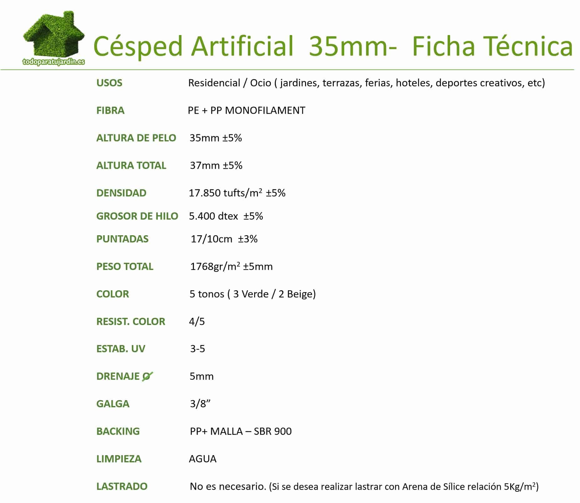 Césped Artificial 35mm Aspecto Natural – Jardín y Balcón – Transporte Incluido 5 DATOS TECNICOS CESPED 35mm
